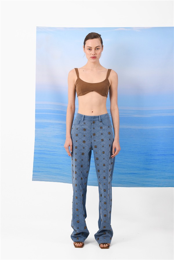 ARPYES AMBER JEANS ALLOVER BEADED PANTS BLUE