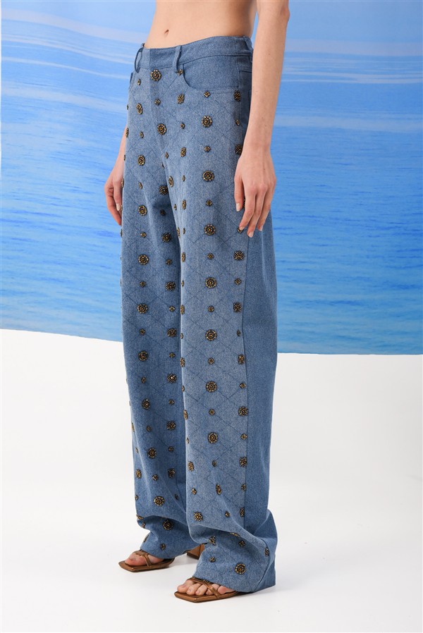 ARPYES AMBER JEANS ALLOVER BEADED PANTS BLUE
