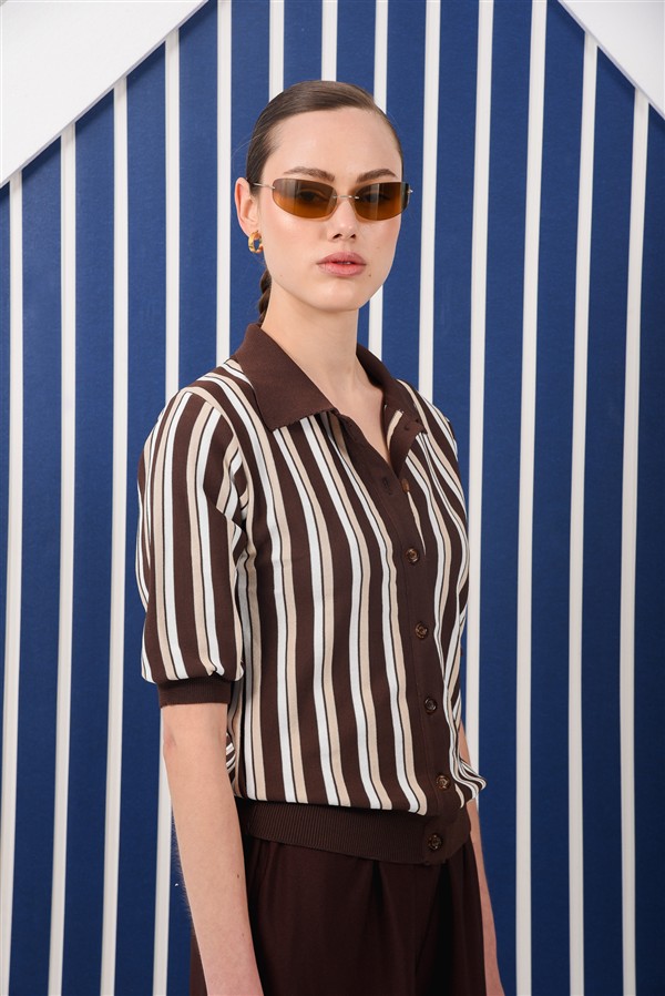 ARPYES IBIZA KNITTED POLO TOP BROWN