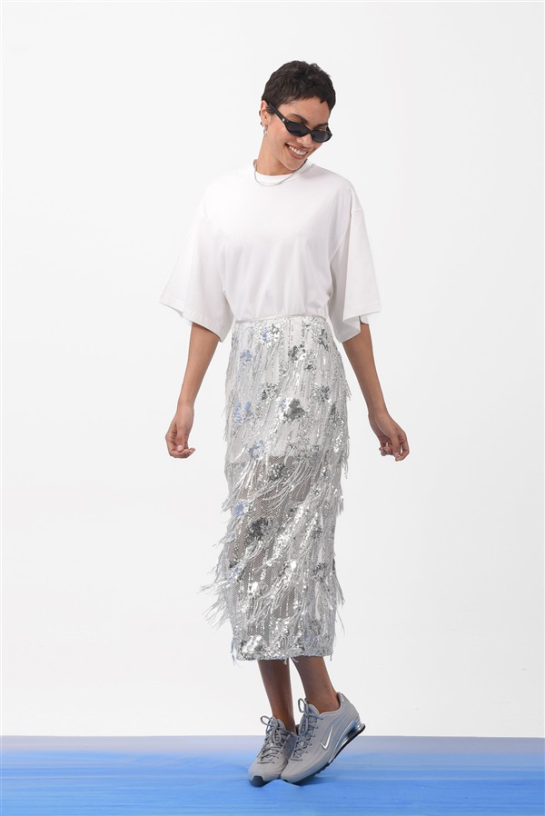 ARPYES SERENE MIDI SKIRT SILVER