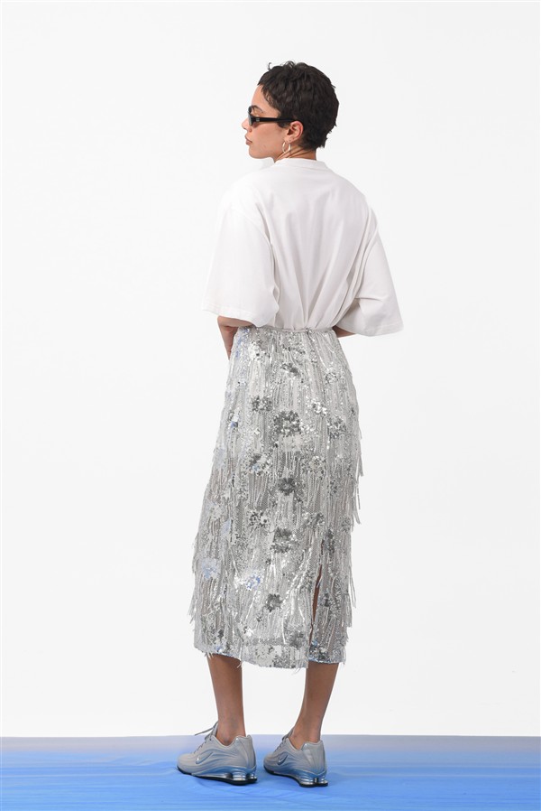 ARPYES SERENE MIDI SKIRT SILVER