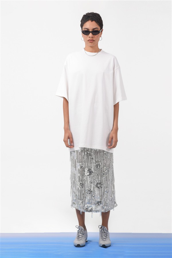 ARPYES SERENE MIDI SKIRT SILVER