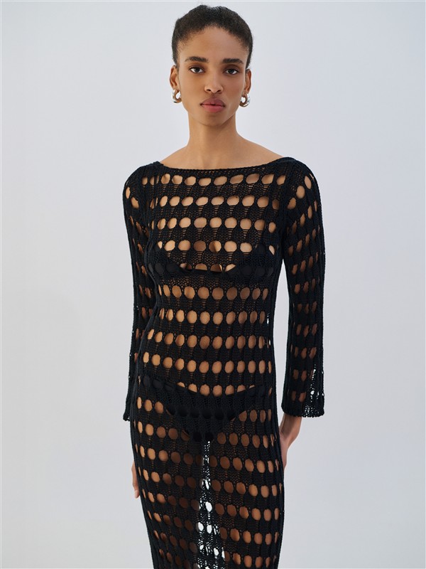 COMBOS 028 DRESS MAXI OPEN BACK NET BLACK