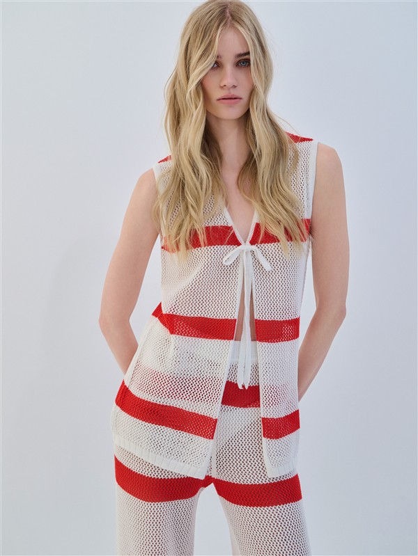 COMBOS 033 CARDIGAN V TWO TONE WHITE/CORAL