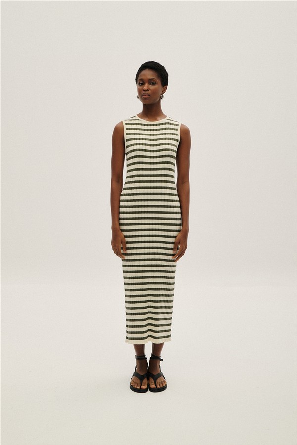 COMBOS 084 MAXI DRESS STRIPES ECRU/KHAKI