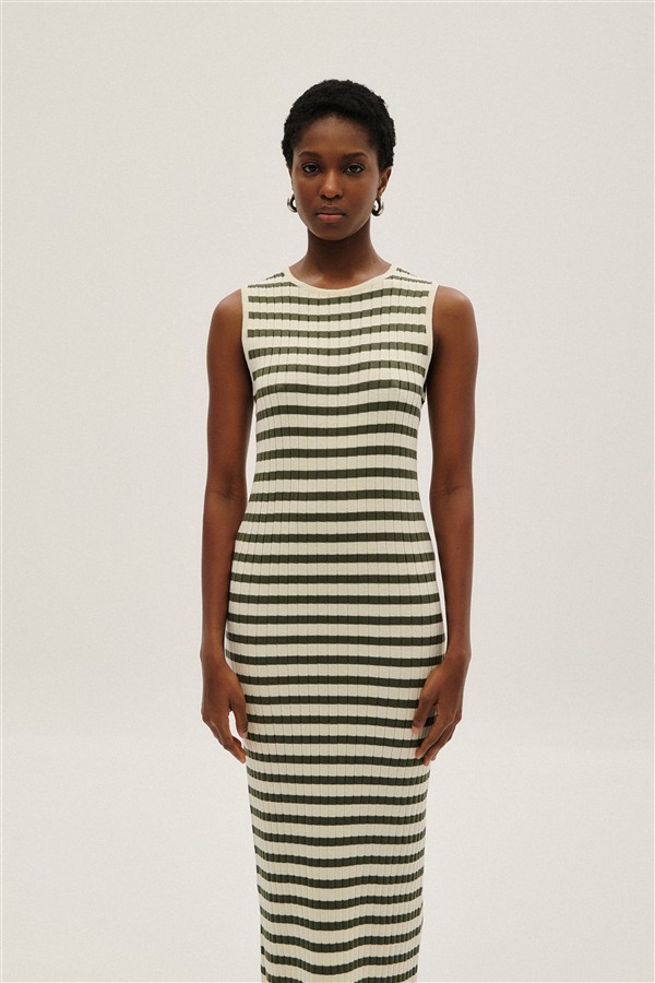 COMBOS 084 MAXI DRESS STRIPES ECRU/KHAKI