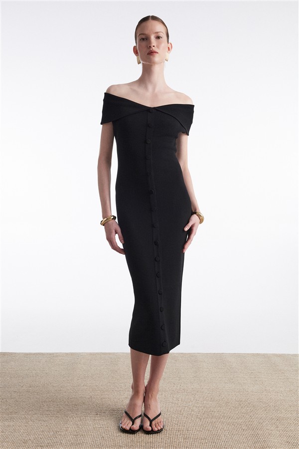 NR FINE LINE KNITTED DRESS MIDI BLACK