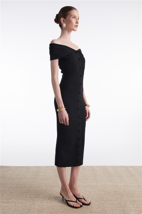 NR FINE LINE KNITTED DRESS MIDI BLACK