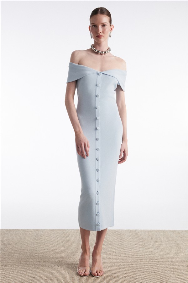 NR FINE LINE KNITTED DRESS MIDI CIEL