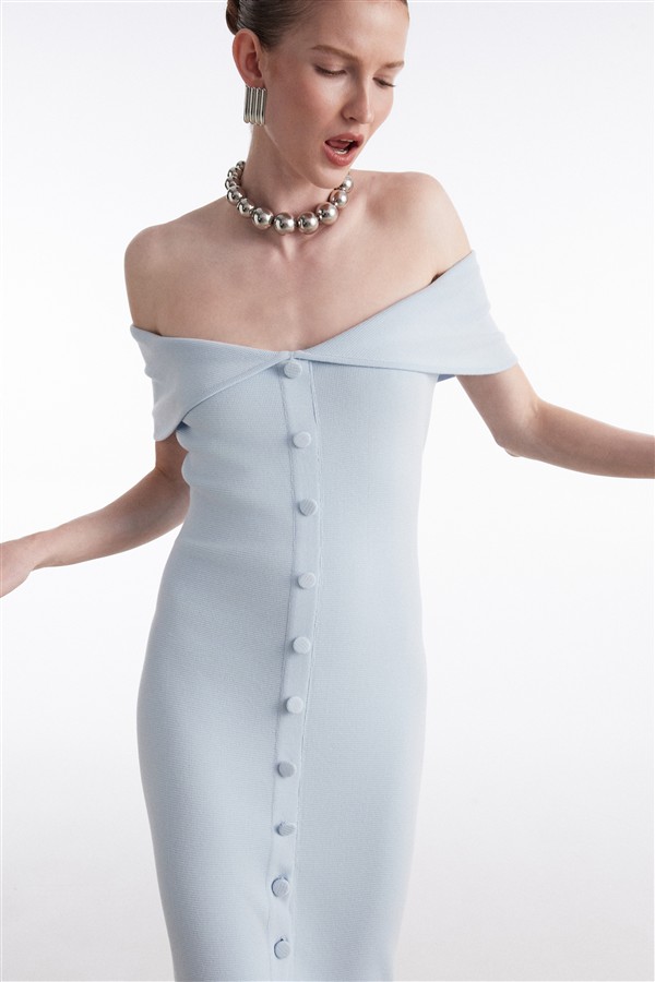 NR FINE LINE KNITTED DRESS MIDI CIEL