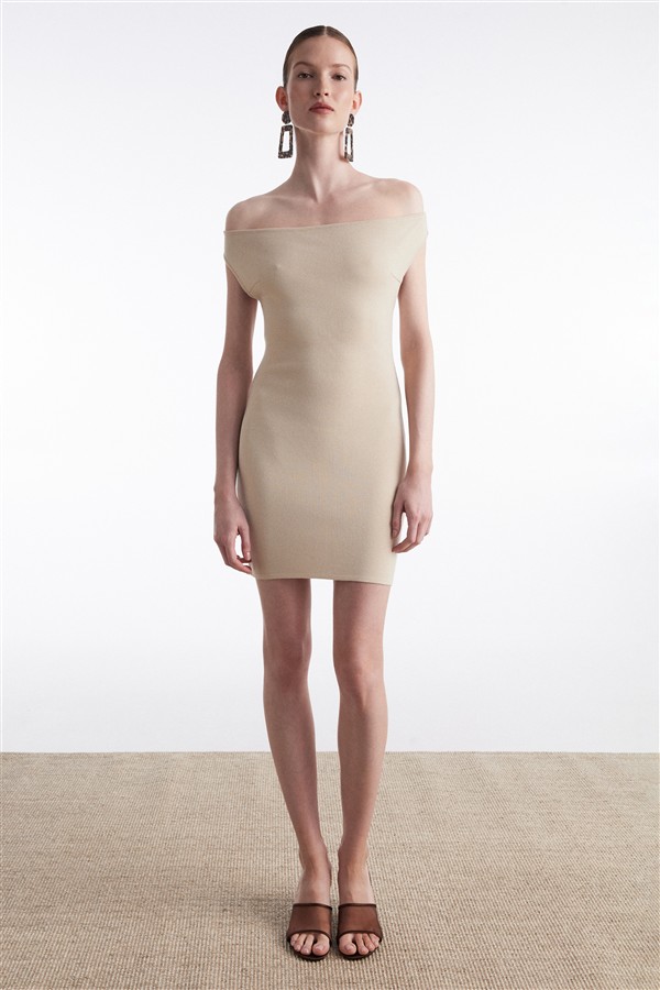 NR FINE LINE KNITTED MINI DRESS BEIGE