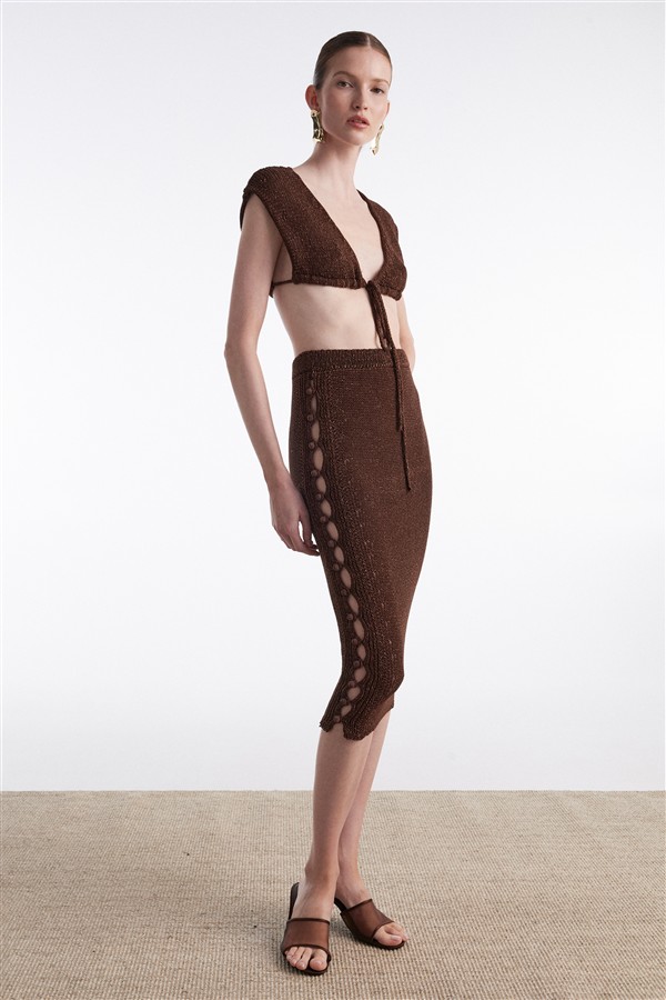 NR VOYAGE KNITTED MIDI SKIRT BROWN