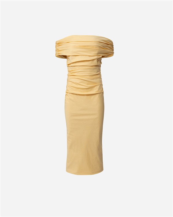 VK BUTTER YELLOW DRAPED MIDI DRESS