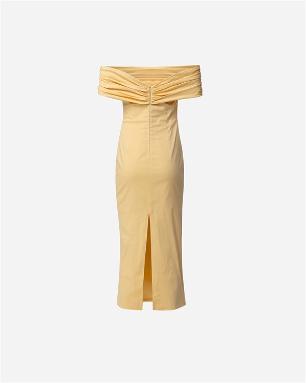 VK BUTTER YELLOW DRAPED MIDI DRESS