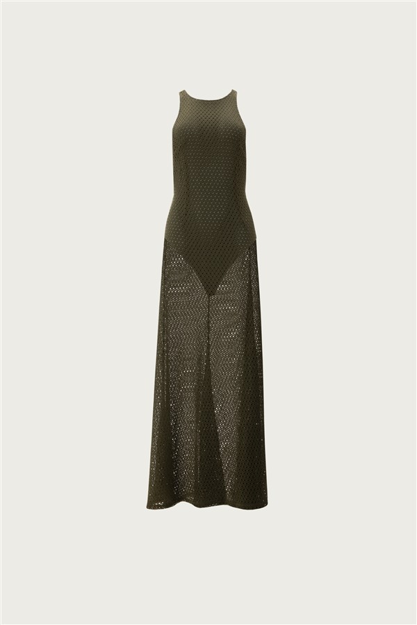 VK KHAKI CROCHETED MAXI DRESS