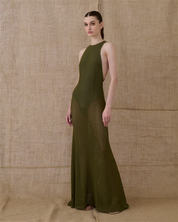 VK KHAKI CROCHETED MAXI DRESS