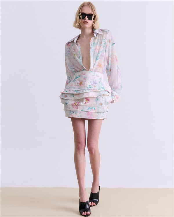 VK PASTEL FLORAL PRINT DENIM MINI SKIRT